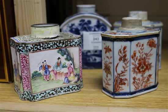 Two Chinese enamel tea caddies and three porcelain caddies largest 11cm